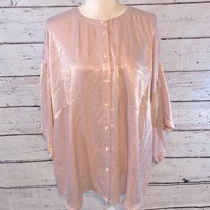 TWO BY VINCE CAMUTO Blouse Bell Sleeve Rumpled Satin Pink-2X